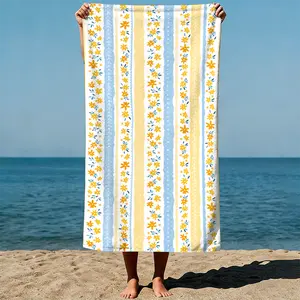 Vertical stripes with yellow flowers and blue accents, a whimsical and playful design. Whimsical hand-drawn art style. Sand-Free Beach Towel | Ultra-Light Microfiber | Quick-Dry, Compact for Travel