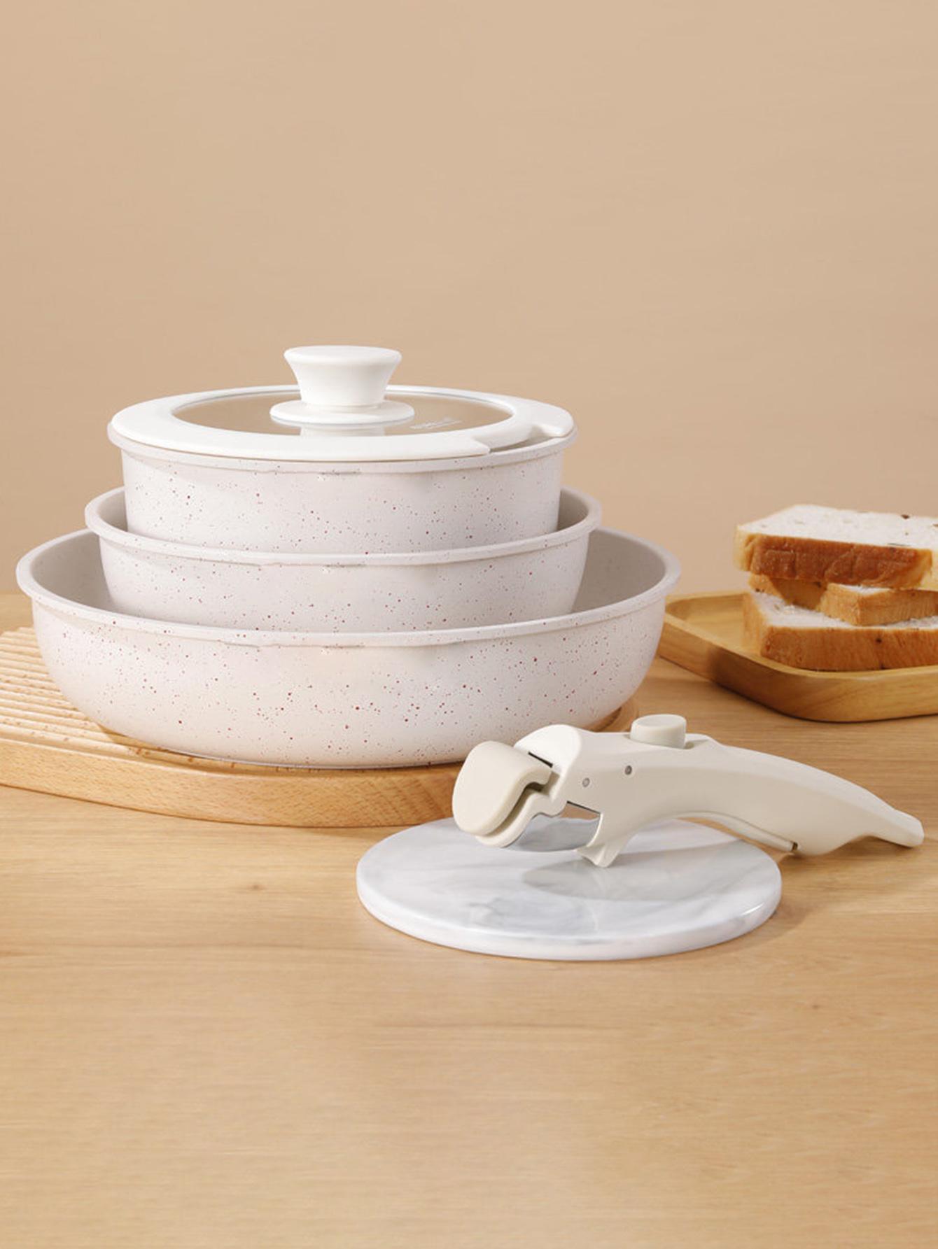 5-piece White non-stick ceramic cooking set, set of pots and pans, with detachable handles, ideal for daily cooking, RV camping and compact kitchens Cookware