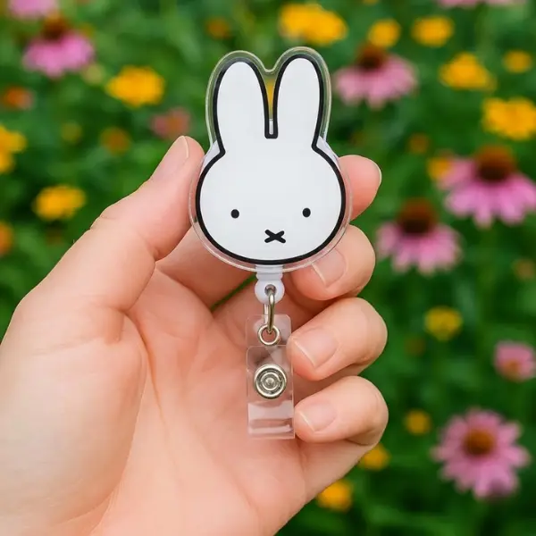 White Rabbit Bunny Animal Badge Reel, ID Holder, Kawaii Retractable, Accessories, Work Badge Accessory, Funny Office Badge
