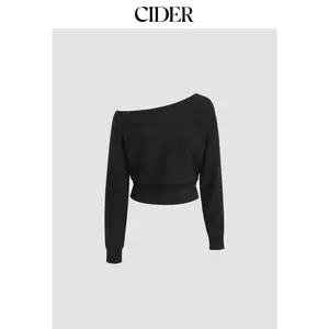 Cider [4 colors, size 2-26] Asymmetrical Neck Solid Crop Long Sleeve Top