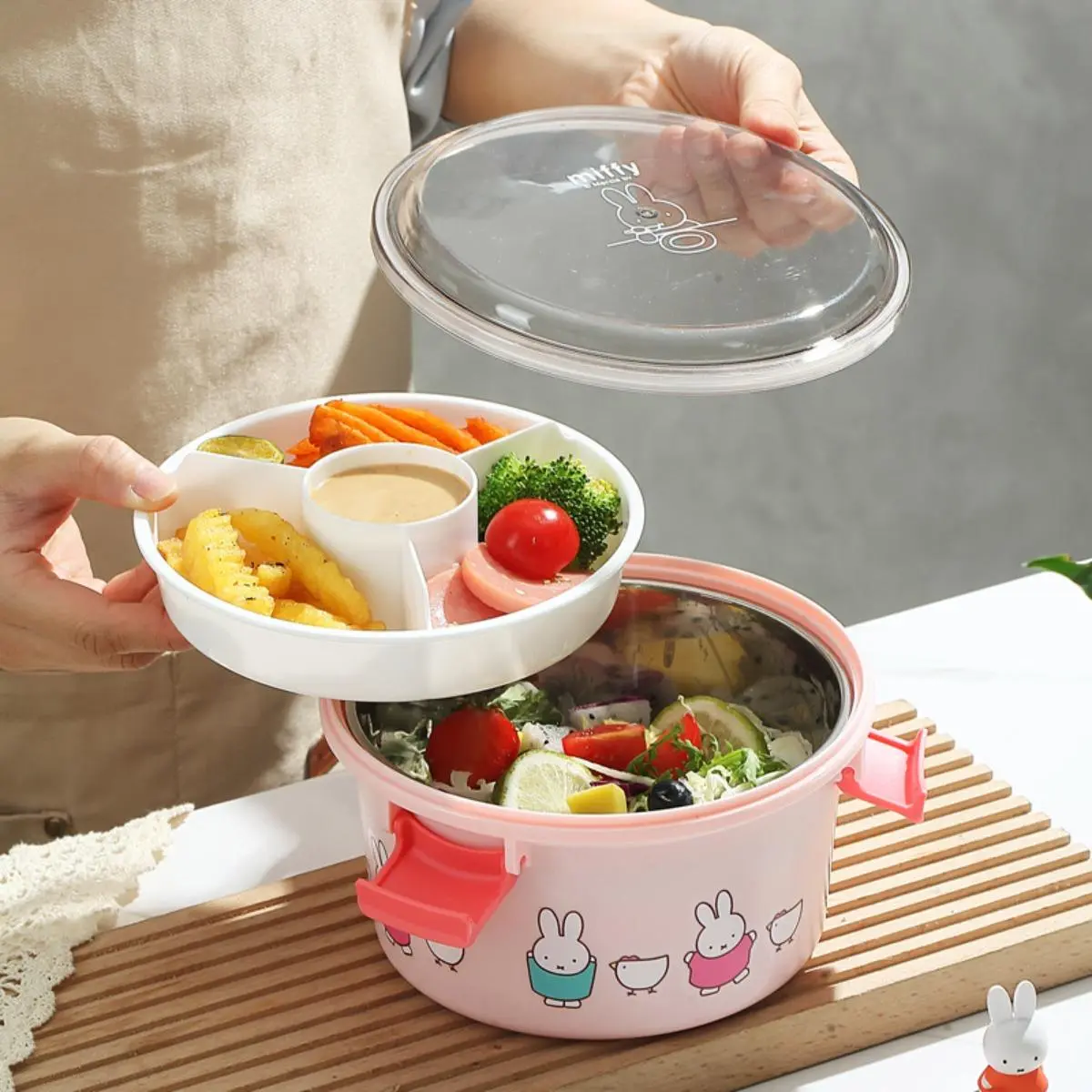 Kawaii Miffy Rabbit Round Bento Box Cute Cartoon Stainless Steel Lunch Box Commuting Portable Lunch Box Fruit Salad Tableware