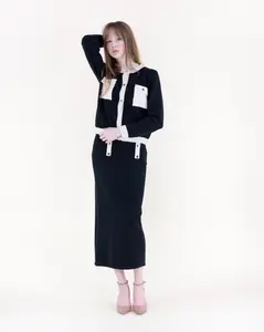 Elegant Two-Tone Button-Up Top & High-Waist Maxi Skirt Set Black Womenswear Minimalist Chic Color-Blocked Long Sleeve Structured Design - Clothes Gamis Suits