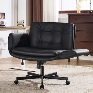 Criss Cross Chair with 5-Position Adjustable Arms, Pet-Friendly PU Leather Swivel Vanity Chair with Wheels, Comfortable Extra Wide Computer Desk Chair for Home Office, Bedroom