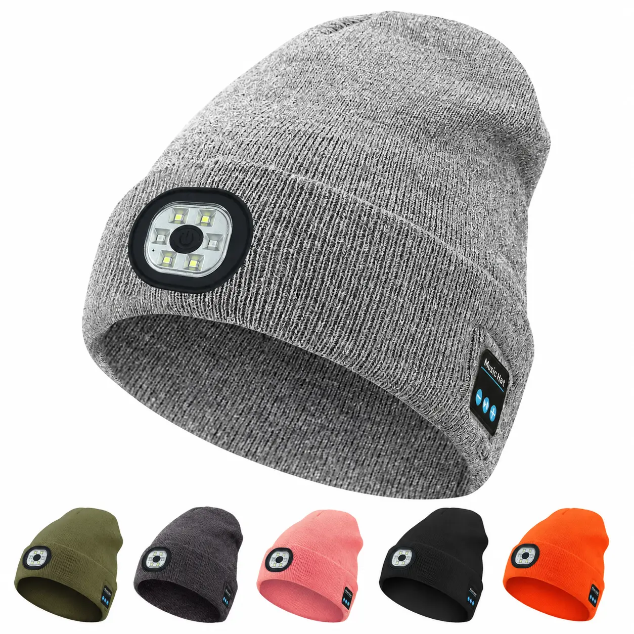 LED Light Beanie Hat with Bluetooth Headphones - Rechargeable Headlamp Hat with Red/Blue Strobe Mode, Warm Winter Music Cap for Night Running, Fishing, Skiing & Work