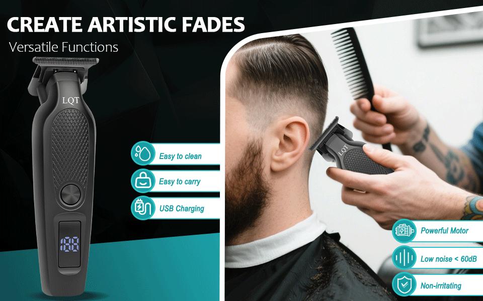 LQT Sleek Black Cordless Hair & Beard Trimmer, Precision T-Blade Grooming Tool with LCD Display, Rechargeable Electric Clipper with Guide Combs for Men's Fades, Edges & Home DIY Haircuts