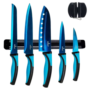 Kitchen Knife Set Kit | Blue Handle, Blue Blade & Black Magnetic Rack