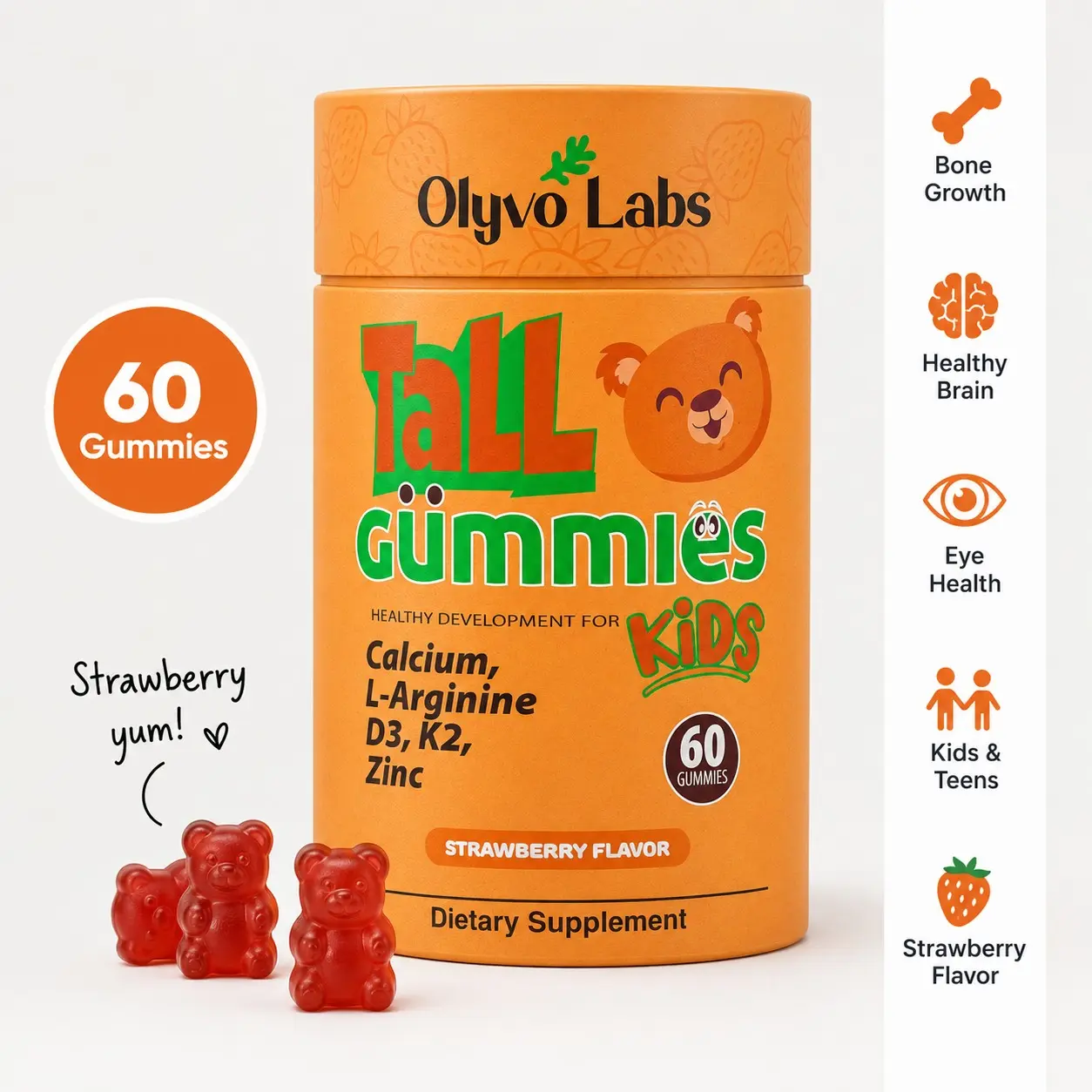Olyvo Labs TALL Kids & Teen Multivitamin Gummies Ages 2+ | Children's Vitamins with L-Arginine, Calcium, D3 + K2, Zinc, Magnesium & Vitamin C for Growth & Bone Health Support | Strawberry | 60 Count