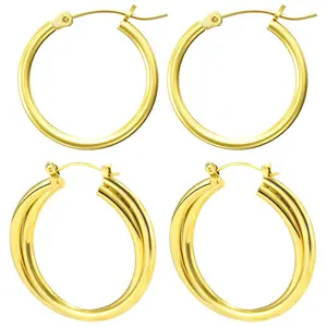 OIDEA 2 Pairs Gold Tone Double Line Hoop Earrings Set for Women, Stainless Steel Geometric C-Shape Big Hoops, Lightweight Daily Wear