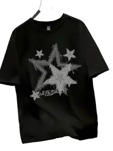 Men's Loose Fit Graphic Print T-Shirt, Star Patchwork Design, Summer Casual Breathable Short Sleeve Top, Fashion Round Neck Streetwear, Menswear