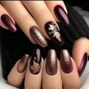 Ballet Mid Length Nail Art with Amber Gold Maple Leaf Designs, Unique Leaf Patterns for Autumn and Winter Vibe
