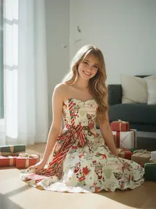 1950s Christmas Candy Cane Santa Bow Strapless Dress in 100% Polyester Knee Length with Back Concealed Zipper for Women Floral Casual Summer Womenswear