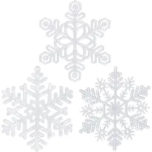 48pcs 4 Inch Pre-Strung Hanging Plastic Glitter Iridescent White Snowflake Ornaments Bulk for Christmas Tree Decorations
