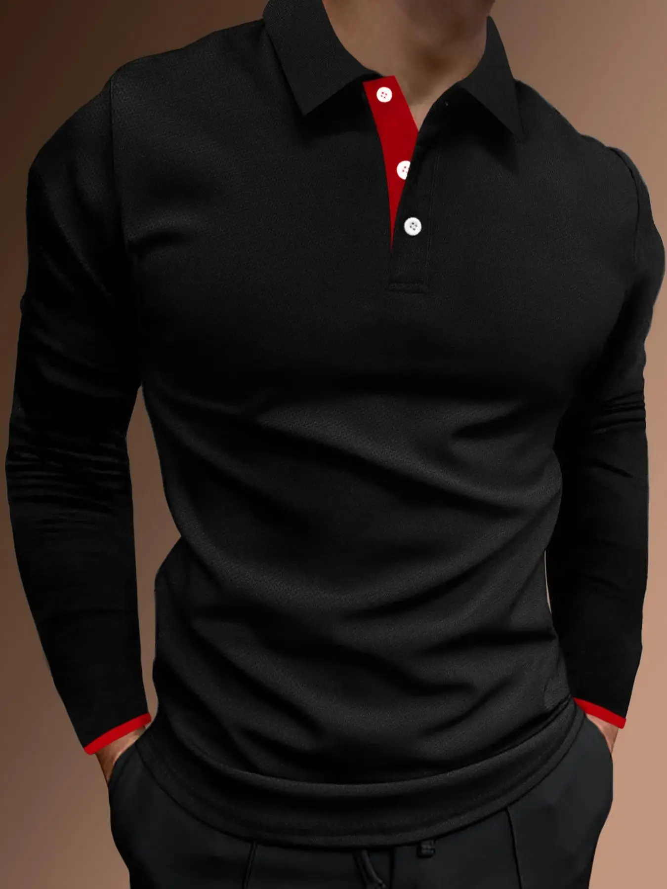 Men's Regular Fit Contrast Binding Button Front Polo Shirt, Men's Clothing Outfits, Casual Long Sleeve Half Placket Collared Top for Summer, Streetwea