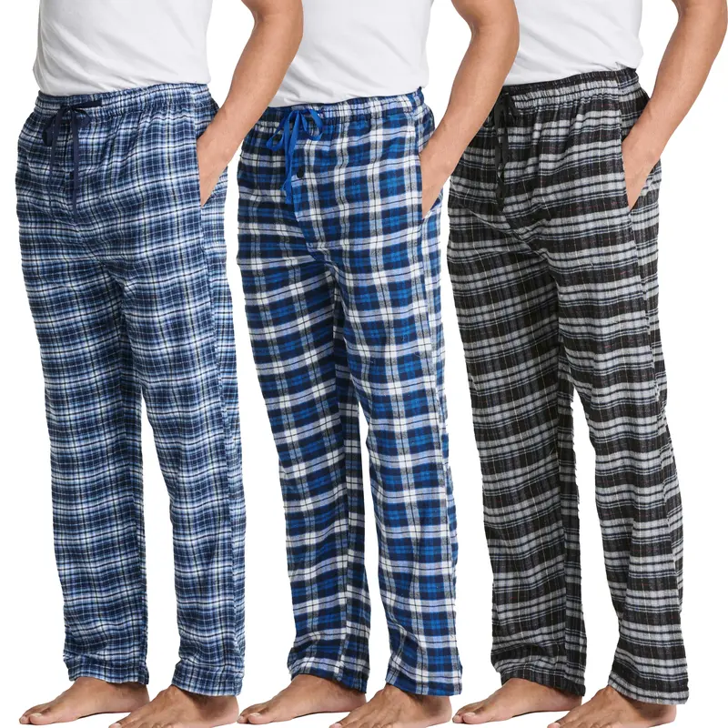 Real Essentials 3 Pack: Men's Pajama Pants  - Knit Cotton Flannel Plaid Lounge Bottoms- Button Fly (Available In Big & Tall)