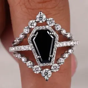 Creative Silver Plated Coffin Design Black Zirconium Accent Style Ring (6-10)