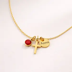 Cross Birthstone Name Necklace, Custom Name Disc Necklace, Christ Cross Necklace, Cross Religious Necklace, Personalized Birthstone Necklace