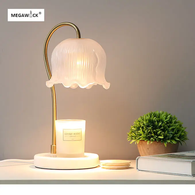 MEGAWICK Vintage Candle Warmer Lamp with Timer - Elegant Flower Shape, Dimmable, Hight-Adjustable Candle Warming Lamp with Premium Marble Base for Jar Candles, Scented Wax, 2 Bulbs Included for Home Decor Gift Glass Decorative Fragrance
