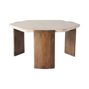 212 MAIN Hexagonal Natural Stone Coffee Table - Travertine Brown, 32x17 in Indoor Furniture Table