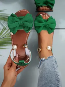 Women's Black Bow Pearl & Metal Ring Flat Sandals, Trendy Sandals, Sweet Casual Summer Chic Style, Comfy Non-Slip Shoes #BowPearlSandals, #SweetSummerChic, #BlackFlatShoes