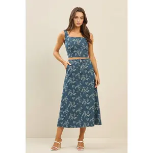 Denim Floral Denim Top & Skirt Set