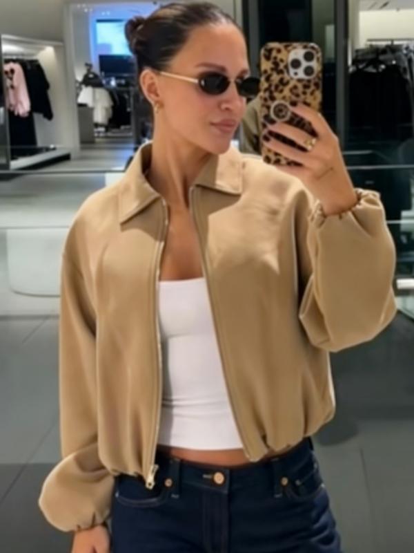 Casual Crop Oversized Puff Jacket Jacket Women's Jacket Spring 2026 Beige Khaki Black Outerwears Zip-Up Lapel Collar Long Sleeve Tops Streetwear Outfits & Weekend Hangouts Coat