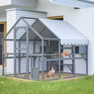 DOMISO Premium Cat Run Large Outdoor Enclosure, Wooden Catio Kitty Mansion with Suspension Bridges, Strolling Paths, Cozy Cabins, Protective Roof Cover