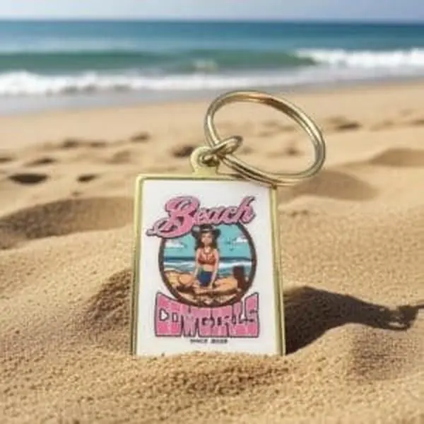 Beach Cowgirls Cute Gold-Tone Sublimation Keychain, 1.5x1.5 in Lightweight Functional Charm for Beach Lovers, No Warning Applicable, Sublimation Keychains, Character Charm Keychains, Colored Keychains