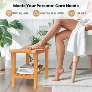 COSTWAY - 30 Inches Large Teak Shower Stool with Storage Shelf and Non-slip Footpads
