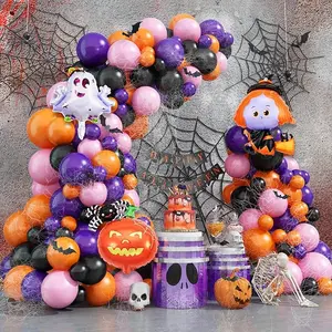 Halloween Balloon Arch Garland Kit, 113Pcs Orange Dark Purple Black Pastel Pink Latex Balloons with 3D Fake Bats Banner Pumpkin Spider Ghost Witch Foil Balloons for Spooky Halloween Party Decorations