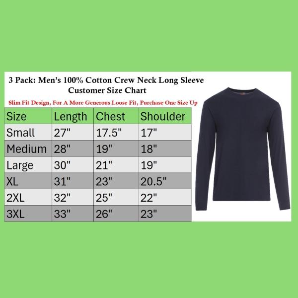 3 Pack: Men's 100% Cotton Crew Neck Long Sleeve Tee Casual Basic T-Shirt Sizes S-4XL Soft-Touch Fabric Ribbed Cuffs Tailored Fit PLUS SIZES