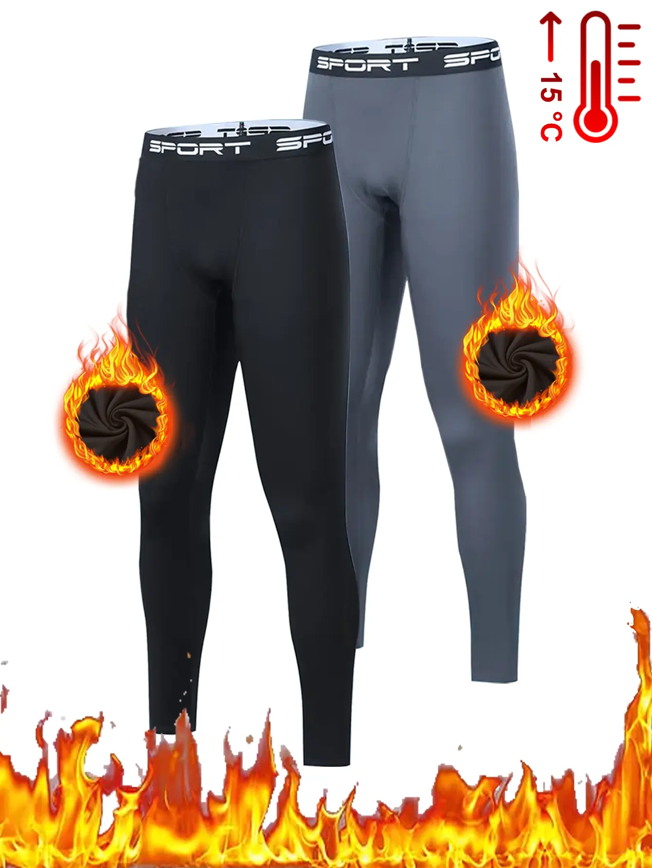 Men's 2-Pack Thermal Compression Pants, Plain High-Stretch Athletic Base Layer, Quick-Drying Breathable Bottoms for Fall & Winter, Sweatpants