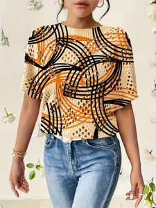 Women's Colorblock Geometric Print Round Neck Sweater, Casual Batwing Sleeve Knit Top, Fall Winter Comfortable Warm Clothing