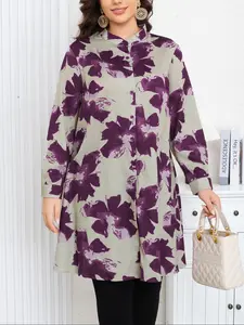 Women's Plus Size Floral Print Blouse, Spring & Fall Casual Long Sleeve Shirt, Soft Chiffon Fabric, Elegant Mid-Length Top, Midi, Womenswear