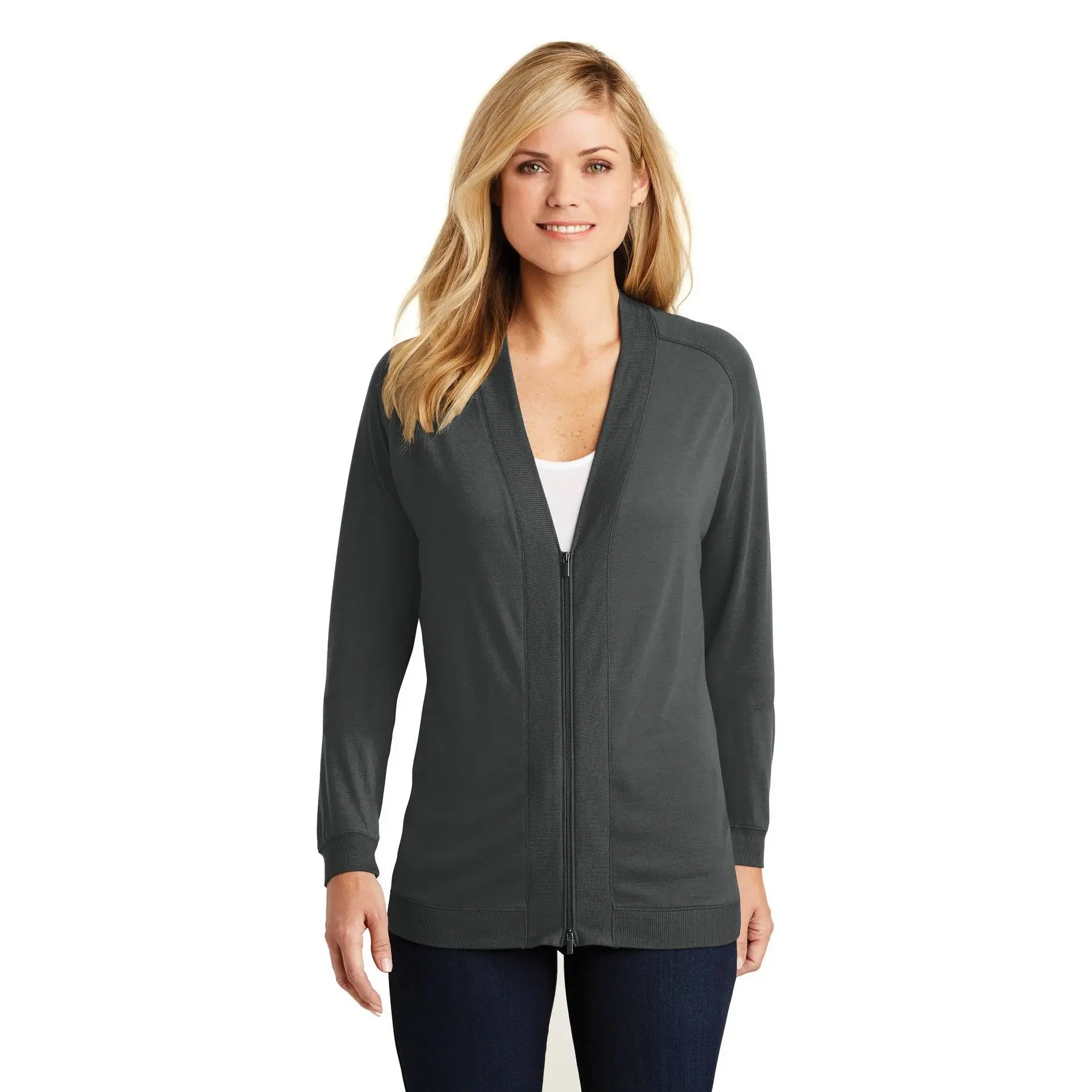 Women's Bomber Cardigan in Mixed-Fabric Jersey with Longsleeves and a 2-Way Zipper for Everyday Casual Layering, Jacket, Knitwear, Fit, Ladies, Style, Tops, Clothes, V-Neck, Fitted, Modern, Back Pleat