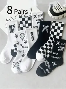 8 Pairs Random Color Teenage Chessboard Checkerboard Graffiti Letter Doodle Socks, Street Style Casual Fashion Long Socks for Spring & Fall