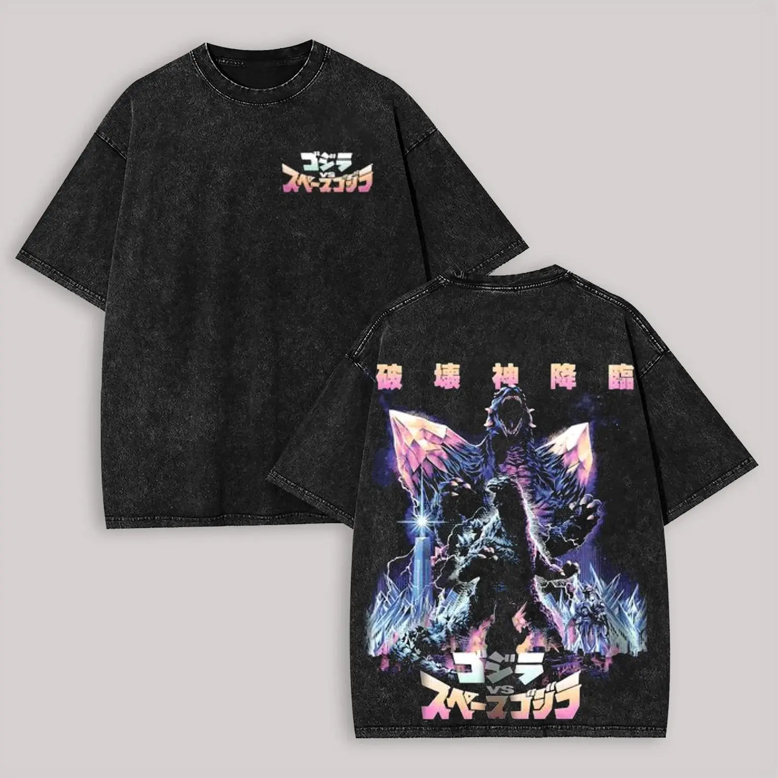 Men's Oversized Vintage Distressed Streetwear Round Neck Tshirt - Godzilla vs SpaceGodzilla Kaiju Print Short-Sleeve Menswear Top for Fans, Tops, Sport, Casual, Kaiju Art, Festive, Graphic Character Men's Short-Sleeve T-Shirts, All Season, Figure, Sportsw