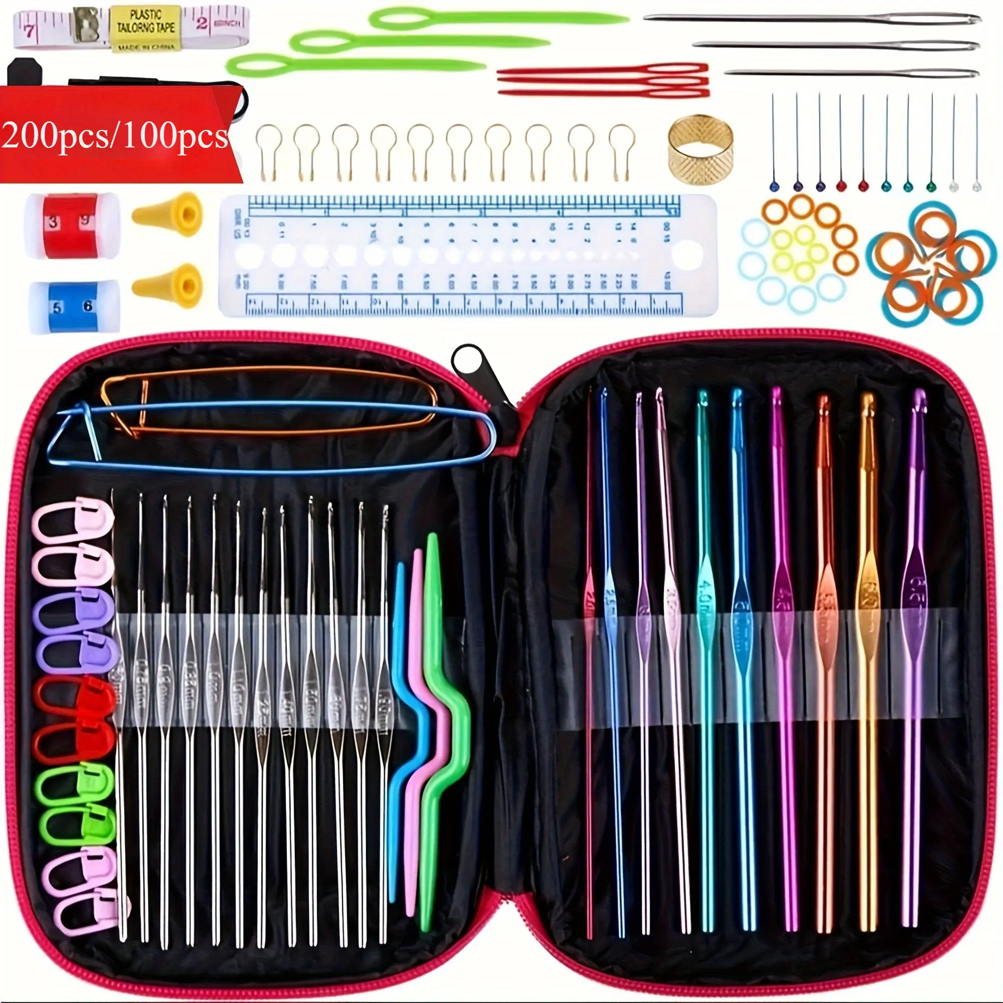 200pcs/100pcs Sweater Needle Knitting Tool Set Crochet Hooks Kit with Case Reusable Crochet Needle Kit Multifunctional Portable Knitting Needles Sewing Tool for Crocheting Beginners Crochet Items