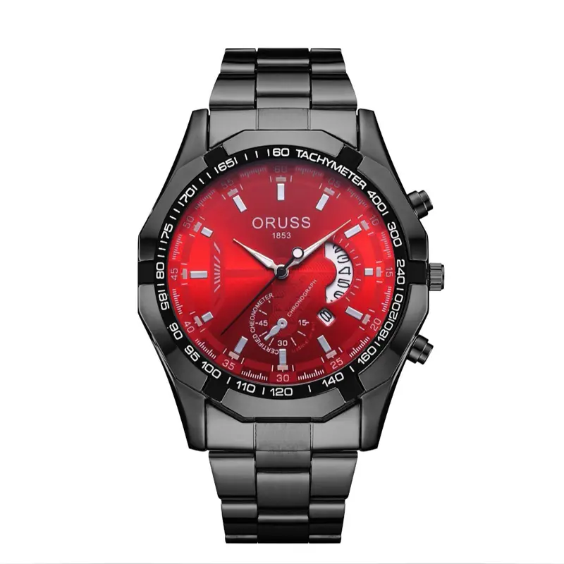 ORUSS Red Dial Chronograph Watch with Tachymeter and Black Stainless Steel Bracelet 45mm Luminous Analog