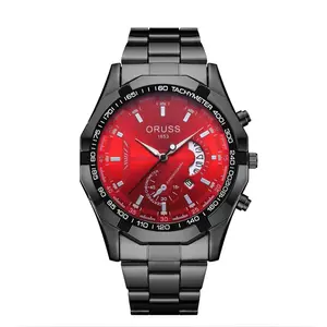 ORUSS Red Dial Chronograph Watch with Tachymeter and Black Stainless Steel Bracelet 45mm Luminous Analog