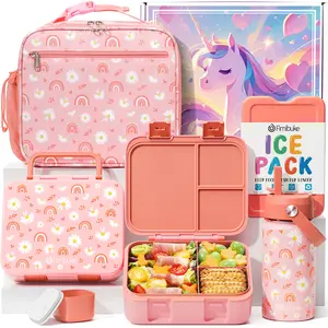 Fimibuke Bento Lunch Box with Stainless Steel Insulated Water Bottle – 32oz 3-Compartment Snack Container, Insulated Lunch Bag & Ice Pack Set Back to School Gifts