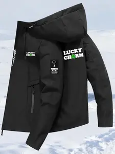 Men's Lucky Four-Leaf Clover Print Hooded Thin Jacket, Inner Pocket Design, Front Embroidery, Classic Fashion Versatile Style