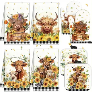 8 pcs highland cattle kitchen towels pot holders and oven mitt set summer sunflower dish towels farm square potholders watercolor floral heat resistant glove for home cooking baking gifting