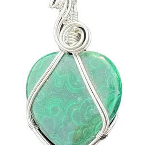 Natural Malachite Heart Wire Wrap Pendant- With Cord- Spiritual Jewelry