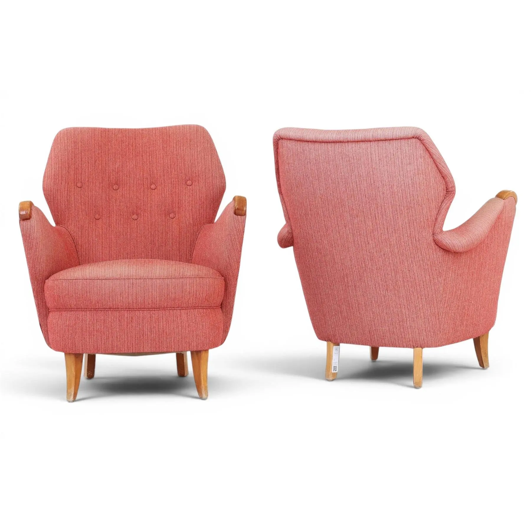 PAIR OF 1940s SCANDINAVIAN MODERN LOUNGE CHAIRS IN ORIGINAL COPPER BLUSH WOOL