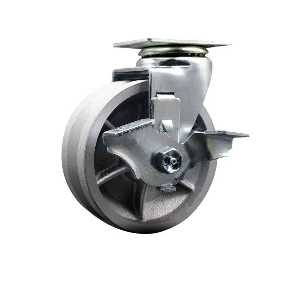 Service Caster SCC-20S520-VGR-TLB Swivel Top Plate Roller Mechanism Castor, Silver 5x2 in. V-Groove Semi Steel Cast Iron Wheel, Roller Bearing - 450 lbs Capacity, Roller Mechanism Castors