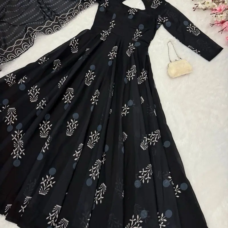 Women's Black Anarkali Cotton Simple Block Print Wear with Floral Design and Polka Dots