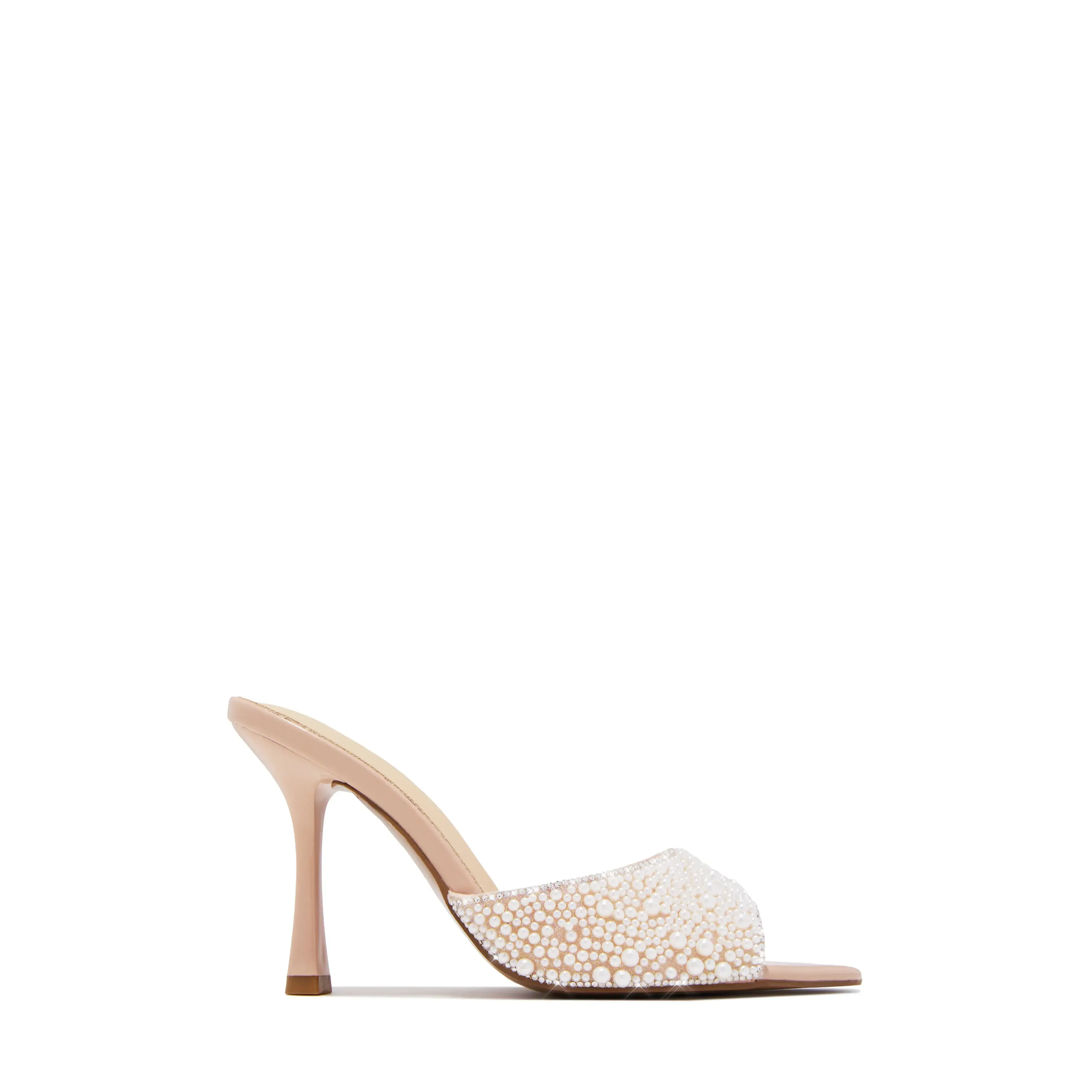 Crystal Pearl Embellished Mid Heel Mules - Nude