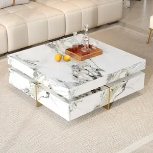 43.3" Square Faux Marble Coffee Table, Large Square Coffee Tables with 4 Storage Drawers & Faux Marble Texture, Luxury Tea Tables with Gold Accent, Modern Center Table for Living Room (White)