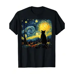Van Gogh Starry Night Cat Lover T-Shirt - 100% Cotton, Round Neck, Men’s Casual Tee with Artistic Black Cat & Swirling Stars Design, Machine Washable, Perfect for Cat Moms & Dads