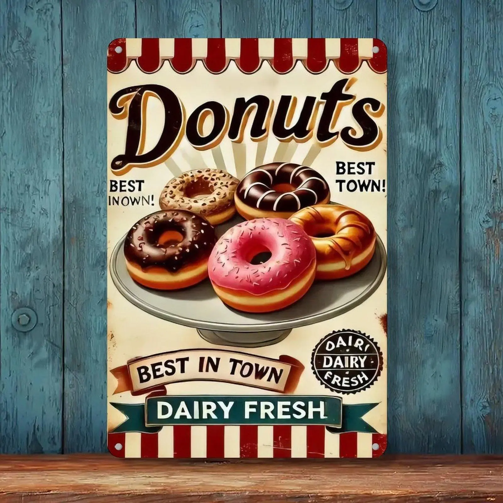 8x12 in Retro Iron Dairy Fresh Donuts Tin Sign, Home Decor Room Decor for Bakery Cafe Wall Art (Best In Town), Cafe Decor